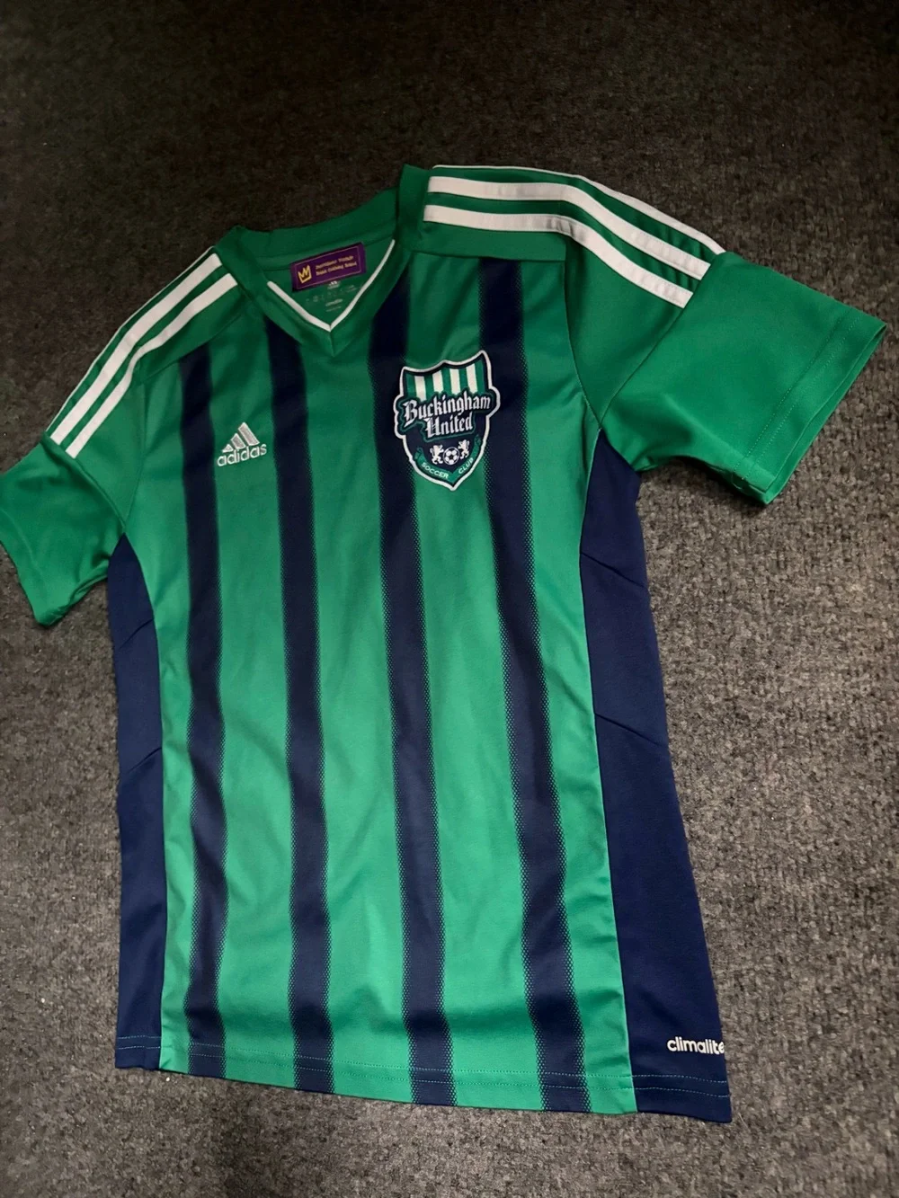 Rare Adidas Green and Navy Vertical-Stripe Soccer Jersey